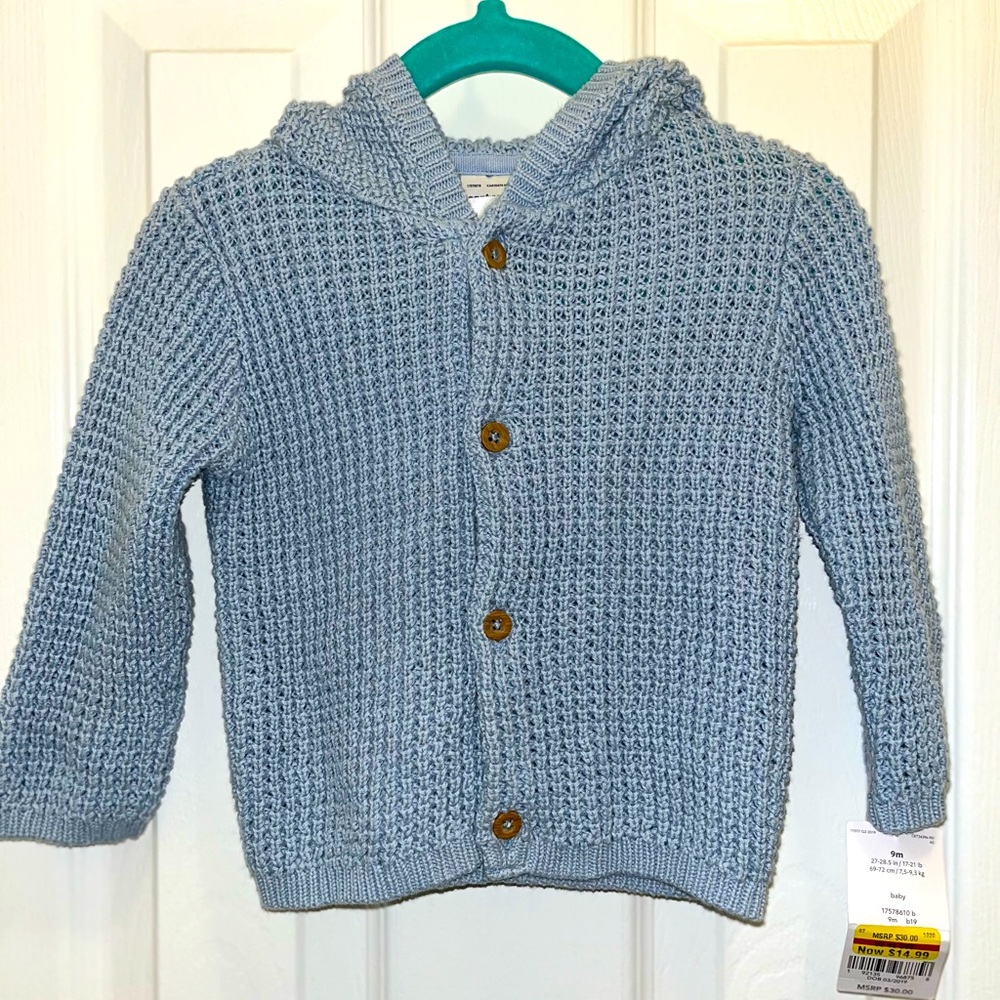 Infant 9M Blue knit sweater with bear hood
